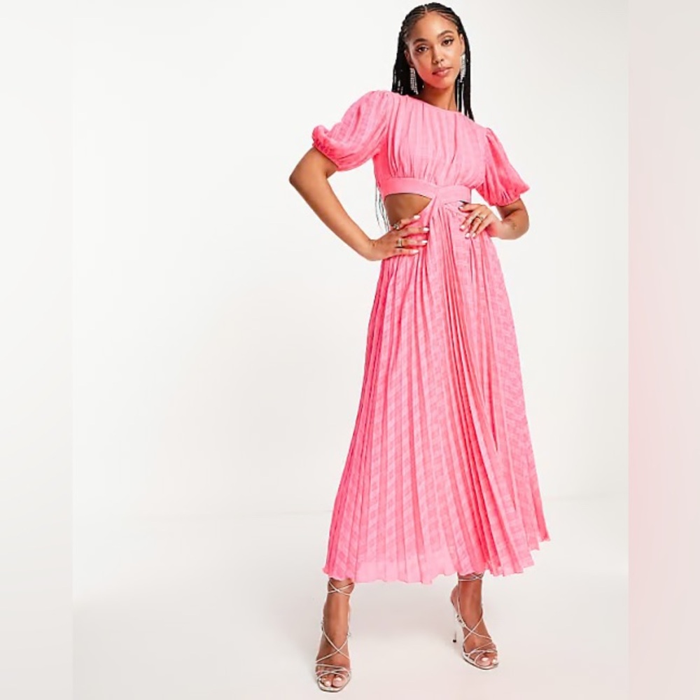 ASOS Pink Pleated Midi Dress with Cut-Out